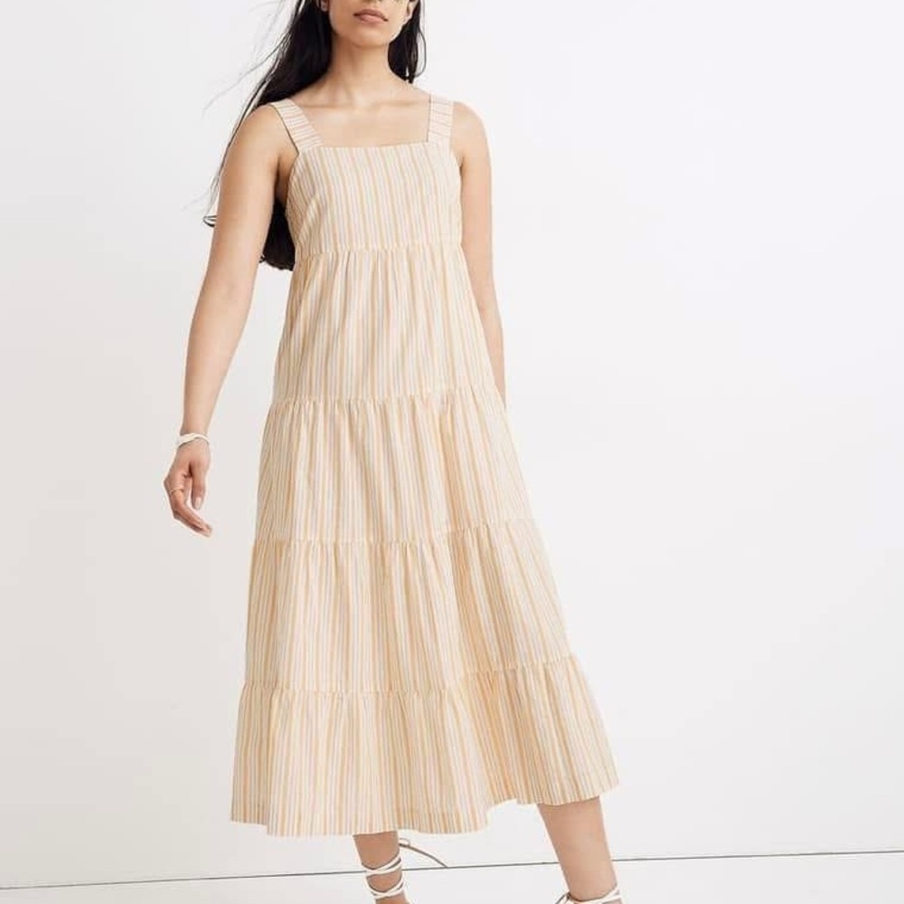 Madewell Striped Button-Back Tiered Midi Dress, size 0.